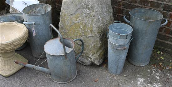 Watering can & assortment of metal flower vases